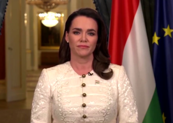 Była prezydent Węgier Katalin Novák, zrzut ekranu z wystąpienia publicznego z 10 lutego 2024 roku, aut. @KatalinNovak_HU z platformy X