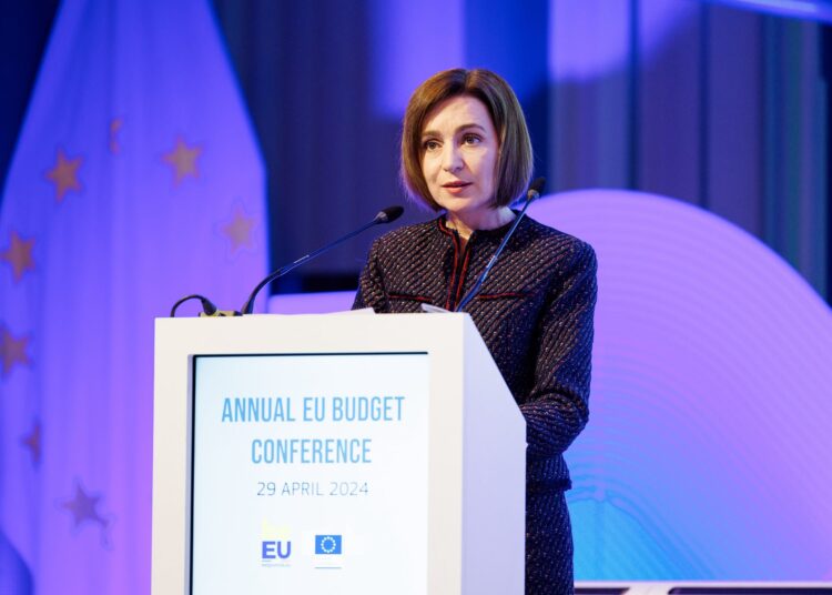 Prezydentka Mołdawii Maia Sandu podczas EU Budget Conference, 29 kwietnia 2024 roku, aut. @sandumaiamd z platformy X.