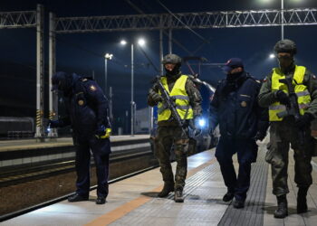 Funkcjonariusze Straży Ochrony Kolei i żołnierze Wojsk Obrony Terytorialnej podczas patrolu na Dworcu Głównym PKP w Lublinie. Fot.: PAP / Wojtek Jargiło
